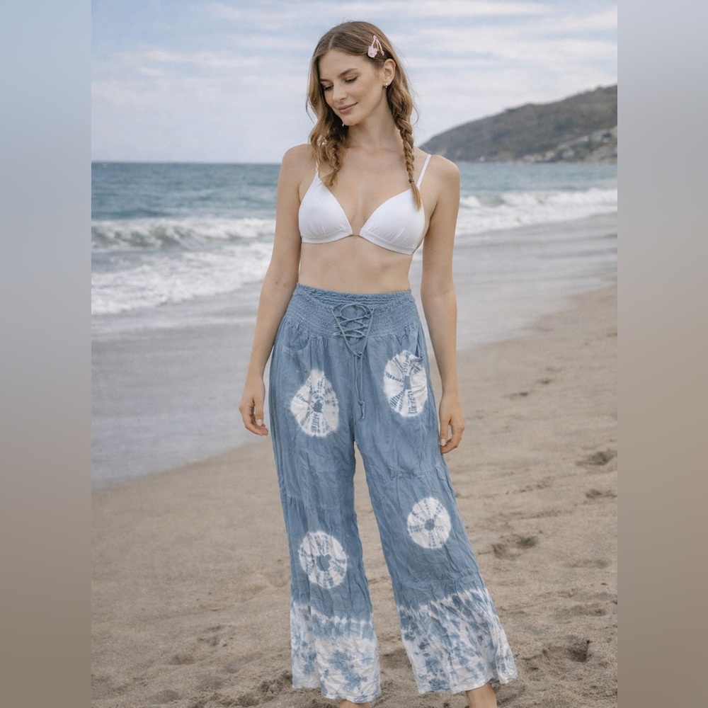 Santiki Blue Tie-Dye Boho Tiered Palazzo Pants stretch‎ waist boho beach small